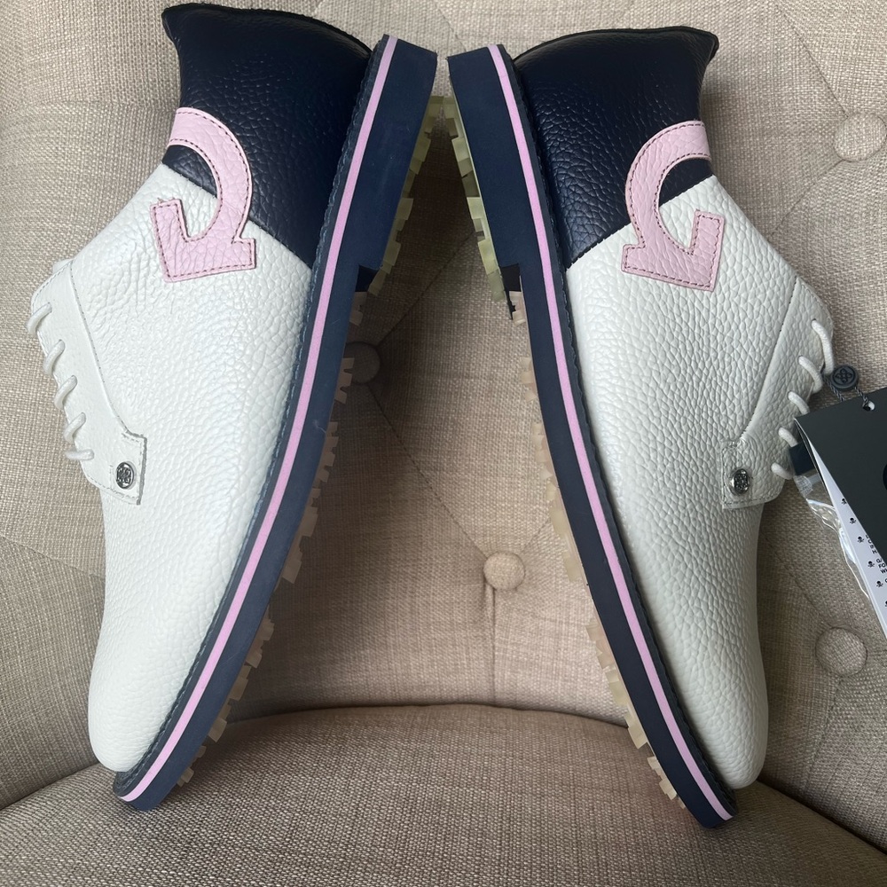 G/FORE Men's White and Navy Golf Oxford Shoes with Pink Accents NWT